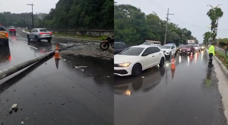 Queda de poste causa trânsito lento na Avenida do Turismo durante chuva