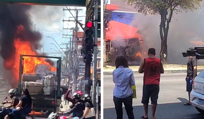 Caminhão em chamas mobiliza bombeiros na Grande Circular; veja