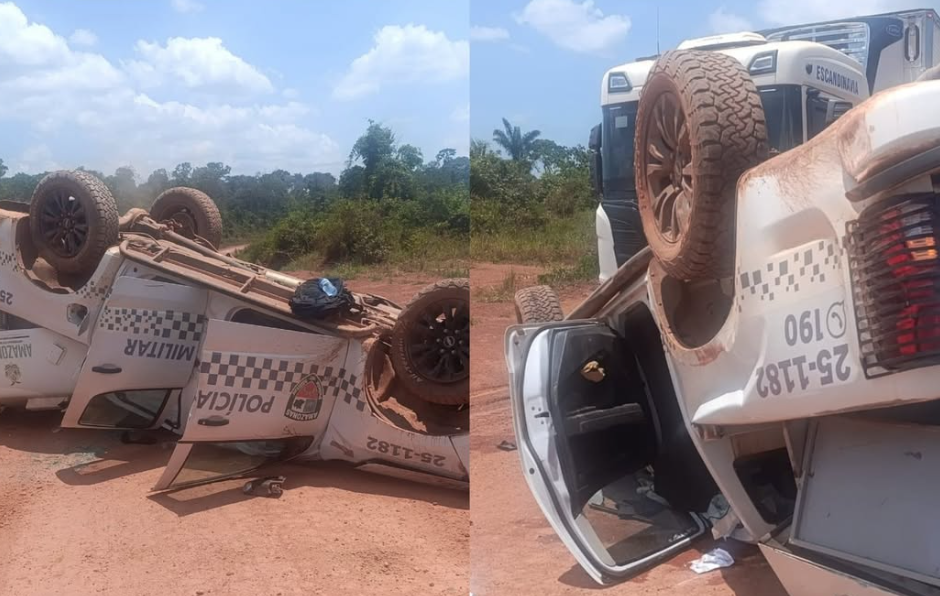Viatura da PMAM capota na BR-317, em Boca do Acre